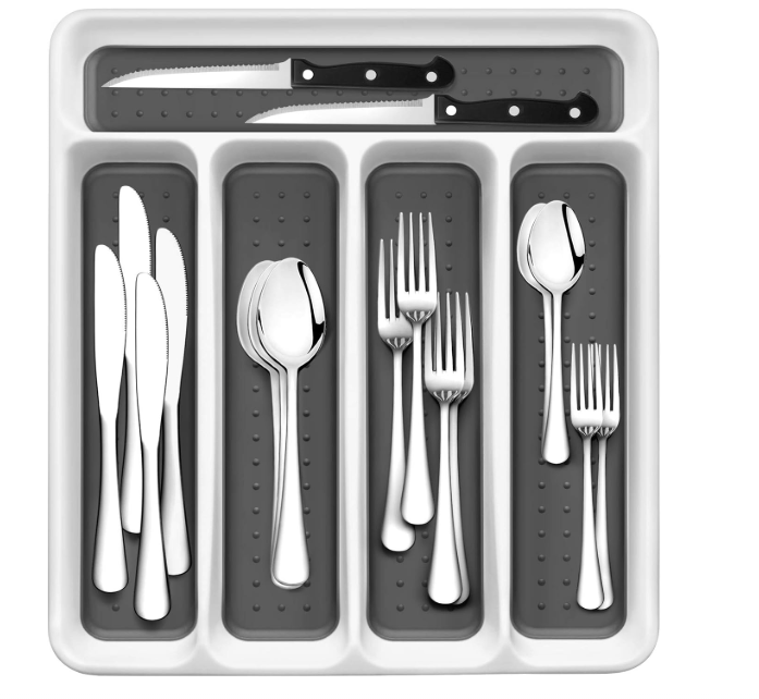 24-Piece Silverware Set, Flatware Set Mirror Polished, Dishwasher Safe Service for 4, Include Fork/Spoon with 5-Compartment Non Slip Silverware Drawer Organizer Box Tray