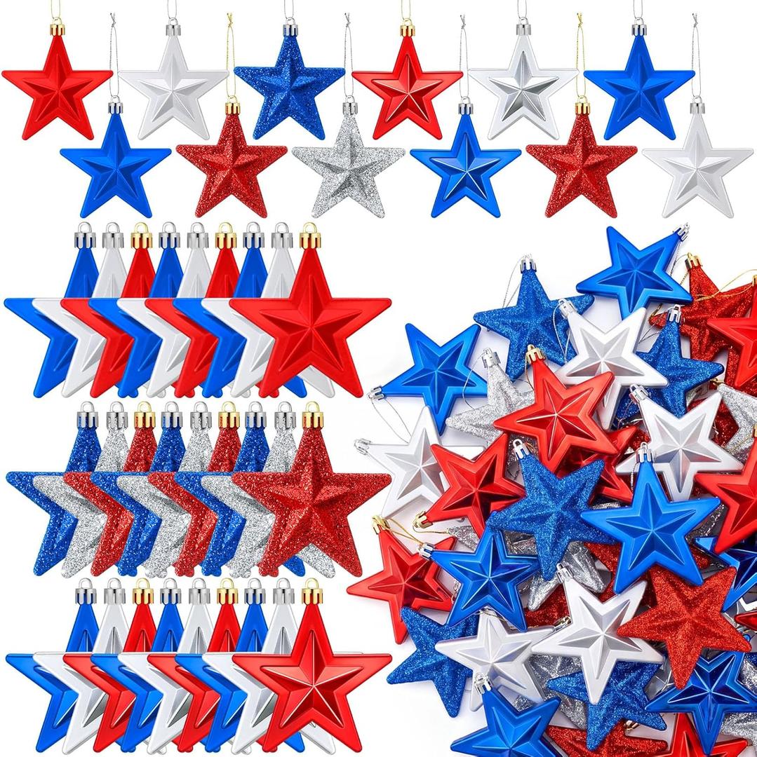 60 Pcs Patriotic Star Hanging Ornaments 4th of July Tree Decoration Red Silver Blue Ornaments for Tree Patriotic Independence Hanging Pendant Decor for 250th Anniversary Independence Veteran Day Decor