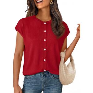MEROKEETY Women's Summer Cap Short Sleeve Sweater Vest 2026 Lightweight Button Down Cardigans Spring Casual Trendy Tops (Medium, Red)