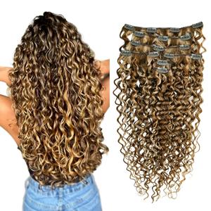 Curly Clip Ins Hair Dark Brown Highlighted Honey Blonde 20 Inch Wavy Human Hair Clip in Extensions 120g Durable Curly Real Human Hair 7pcs with 16 Clips for Full Head Curly Clip Hair (#4P27)