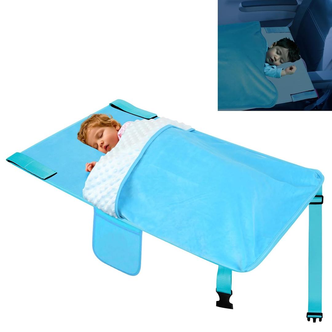 Airplane Bed for Toddler with Blanket, Airplane Seat Extender for Kids, Baby Airplane Travel Essentials, Blue