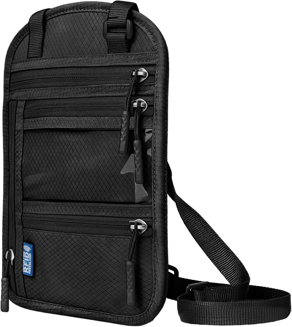 RFID Blocking Travel Neck WalletHidden Passport Holder & Anti-Theft Money Pouch for Men & Women, Lightweight Concealed Travel Organizer with Adjustable Strap Secure Document (Black)
