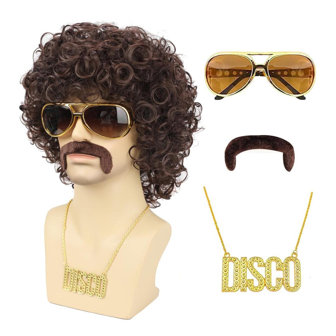 Mens 70s 80s Disco Brown Curly Wig With Glasses Necklace Mustache and Wig Cap Natural Fluffy for Rocker Halloween Costume Cosplay