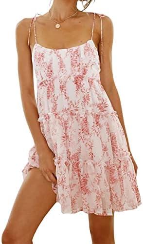 Mansy Womens 2025 Summer Floral Mini Dress Boho Flowy Skater Dresses Short Sleeveless Ruffle Spaghetti Strap Dress S