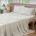 MooMee Striped Sheet Set 100% Washed Cotton Linen Like Textured Breathable Durable Soft Comfy (Almond Milk Grey Classic Stripes, Queen)
