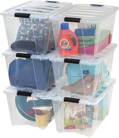 IRIS USA 6-Pack 54 Quart Storage Bins with Lids, ClearTransparent design makes contents easy to find. Perfect for moving, blankets, clothing, and garage storage. Nestable design