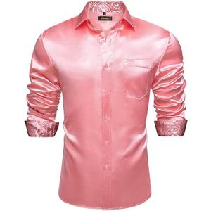 DiBanGu Mens Satin Dress Shirts Casual Long Sleeve Button Down Shirt Regular Fit Wrinkle Free Shiny Shirts for Men Party Prom, Light Pink, Large