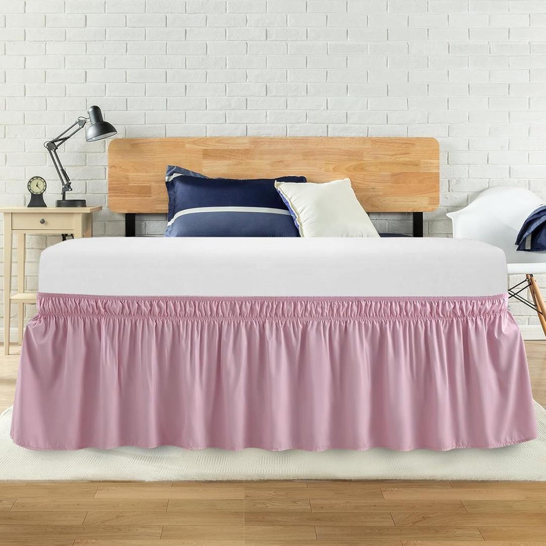 Queen Bed Skirt, Elastic Wrap Around Bed Skirt Queen Size, Bed Skirts for Adjustable Bed, Easy Fit with 14" Drop Length Tailored Drop Dust Ruffle (Pink)