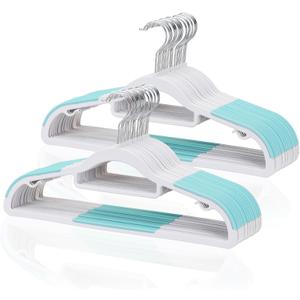 Pack of 30 Coat Hangers, Space-Saving Plastic Clothes Hangers, Non-Slip, 0.2 Inches Slim, 360 Swivel Silver Hook for Shirts, Pants, Suit & Wet/Dry Garments, Blue and White