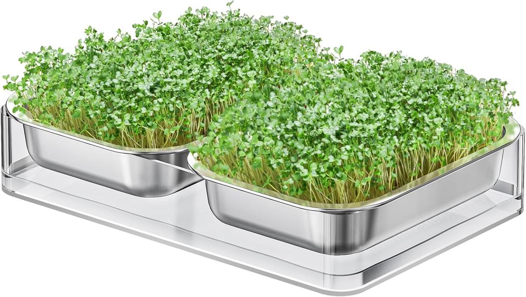 FANHAO Upgraded Visual Seed Sprouter Tray, Stainless Steel Soil-Free Cultivation Germination Tray with Acrylic Base, Healthy Microgreens Growing Kit for Indoors Sprouting Seeds, Grow Grass, Beans