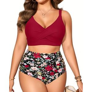 Plus Size Two Piece Swimsuit - High Waisted Bikini Set Tummy Control Bathing Suits for Women 18 W Plus Size Two Piece Swimsuit - High Waisted Bikini Set Tummy Control Bathing Suits for Women 18 W