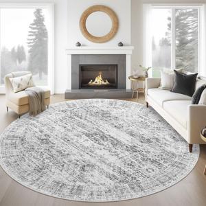 Soalmost 6x6 Grey Round Rug 6ft Living Room Circle Rug Gray Vintage Round Area Rug Non Slip Indoor Carpet for Dining Room Bedroom