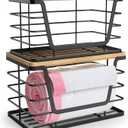 2 Pack Storage Stackable Kitchen Laundry Organizers with Bamboo Top, Wall Mount Large Trash Bag Holder and Standard Garbage Bag Dispenser (Black)
