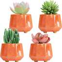4 Inch Succulent Planter Ceramic Pot for Indoor Plants - Flower Pots with Drainage Hole - Set of 4 - Peach