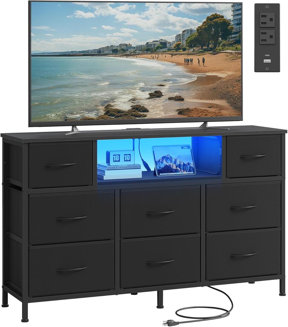 SONGMICS BELLAH Collection - Dresser for Bedroom with Outlets and LED Lights, TV Stand for TVs Up to 55 Inches, Chest of Drawers, 8 Drawers, Steel, Industrial, Modern, Ink Black ULGS433BH02S
