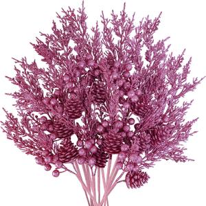 Winlyn 12 Pcs Christmas Artificial Pine Branches Pink Glittered Pine Needles with Pinecone and Berries Christmas Floral Picks 14.2" for Pink Christmas Tree Seasonal Wreath Swag Garland Wedding Bouquet