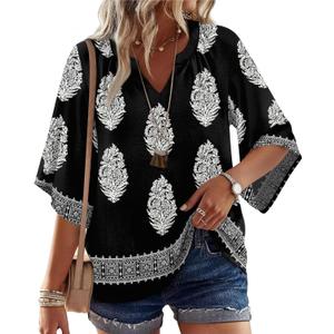 WIHOLL Boho Tops for Women Summer Spring 3/4 Sleeve Dressy Fashion V Neck Casual 2026 Business Beach Plus Size Resort Blouses (Small, A-multi Black)