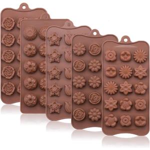 2 x Fewo 5 Pack Flower Chocolate Molds Set - BPA Free & Non-stick Silicone Tray for Hard Candy Gummy Keto Fat Bomb Jello Ice Cube Small Soap (16 Shapes, Rose, Daisy, Sakura, Sunflower, Tulip, Etc)