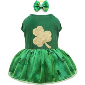 Idepet St. Patrick's Day Dog Dress with Bow Dog Tulle Skirt for Small Dog Girls Green Puppy Dress Cat Apparel Pet Holiday Outfits (Green 2, Large) (Large (Pack of 1))