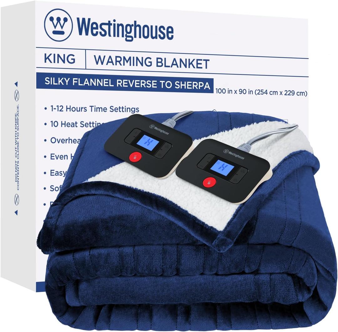 Westinghouse Electric Blanket King, Heated Blanket King Size with 10 Heating Levels and 1 to 12 Hours Heating Time Settings, Flannel to Sherpa Reversible, Machine Washable (90" x 100", Navy)