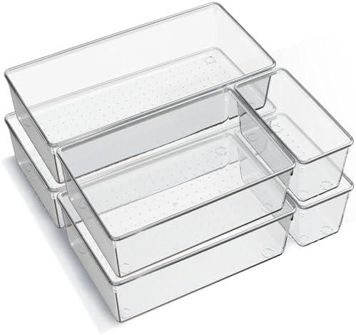3 Pack Large Clear Plastic Drawer Organizer Trays, Acrylic Kitchen Drawer Organization and Storage Dividers, Non-Slip Storage Bins for Makeup, Kitchen Utensils, Bathroom, Jewelries and Office Desk