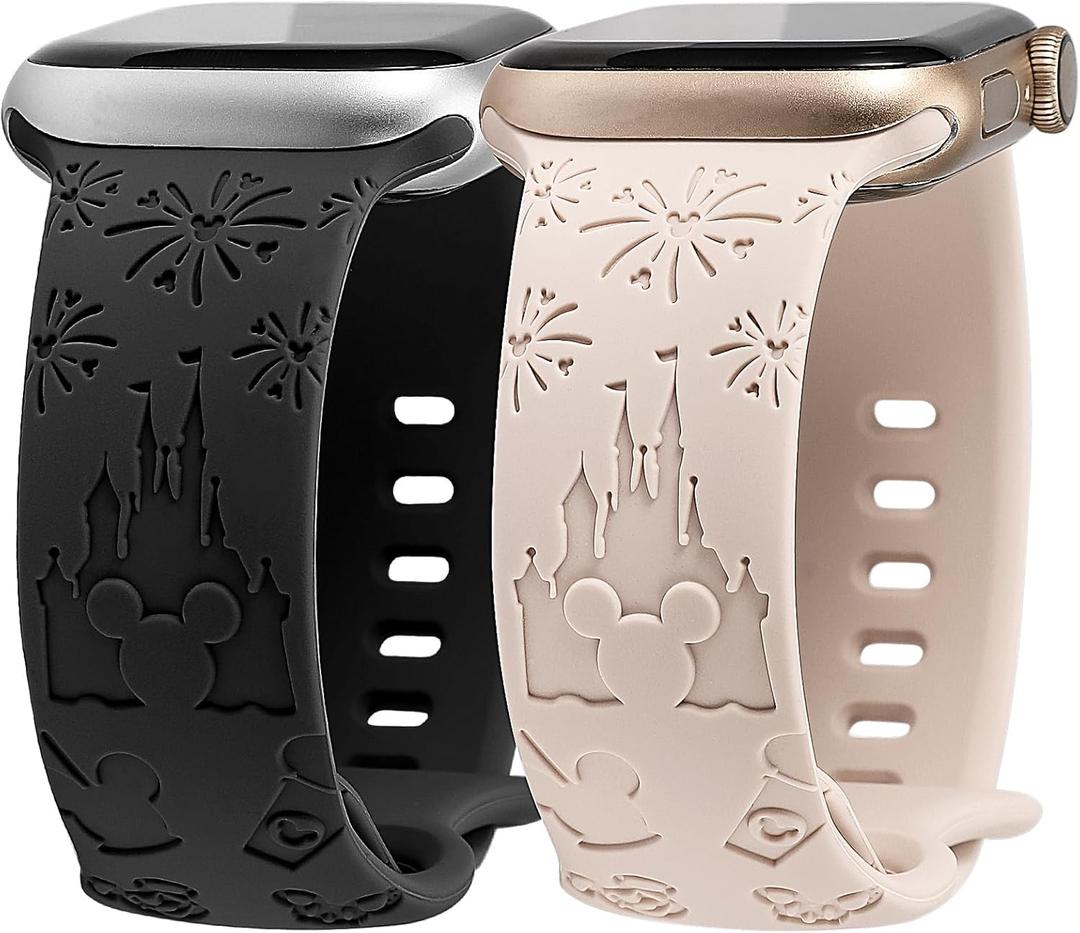 2 Packs Cartoon Bands Compatible with Apple Watch Bands 38/40/41/42/44/45/46/49mm Womens, Soft Silicone Cute Engraved Strap for iWatch Series 11 10 9 8 7 6 5 4 3 SE/Ultra 3 2 1 (Starlight & Black)