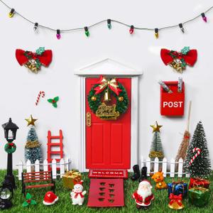 39pcs Red Christmas Elf Fairy Door Decorations Sets Miniature Figures Wooden Doors Santa Claus Snowman Kit for Xmas Mini Dollhouse Accessories House Room Wall Decor