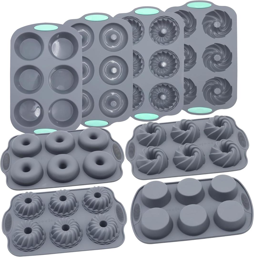 Tongjude 8 Pieces Silicone Donut Pans, Nonstick Silicone Muffin Pans, Heat Resistant Kitchen Oven Baking Cups, Dishwasher Safe and Microwave Safe, Grey (8 Pcs Bakeware Sets)