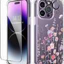 GVIEWIN for iPhone 14 Pro Case Floral, with Screen Protector&Camera Lens Protector,[Non Yellowing]Slim Shockproof Clear Phone Protective Cover for Women,Flower Pattern Design 6.1"(Floratopia/Colorful)