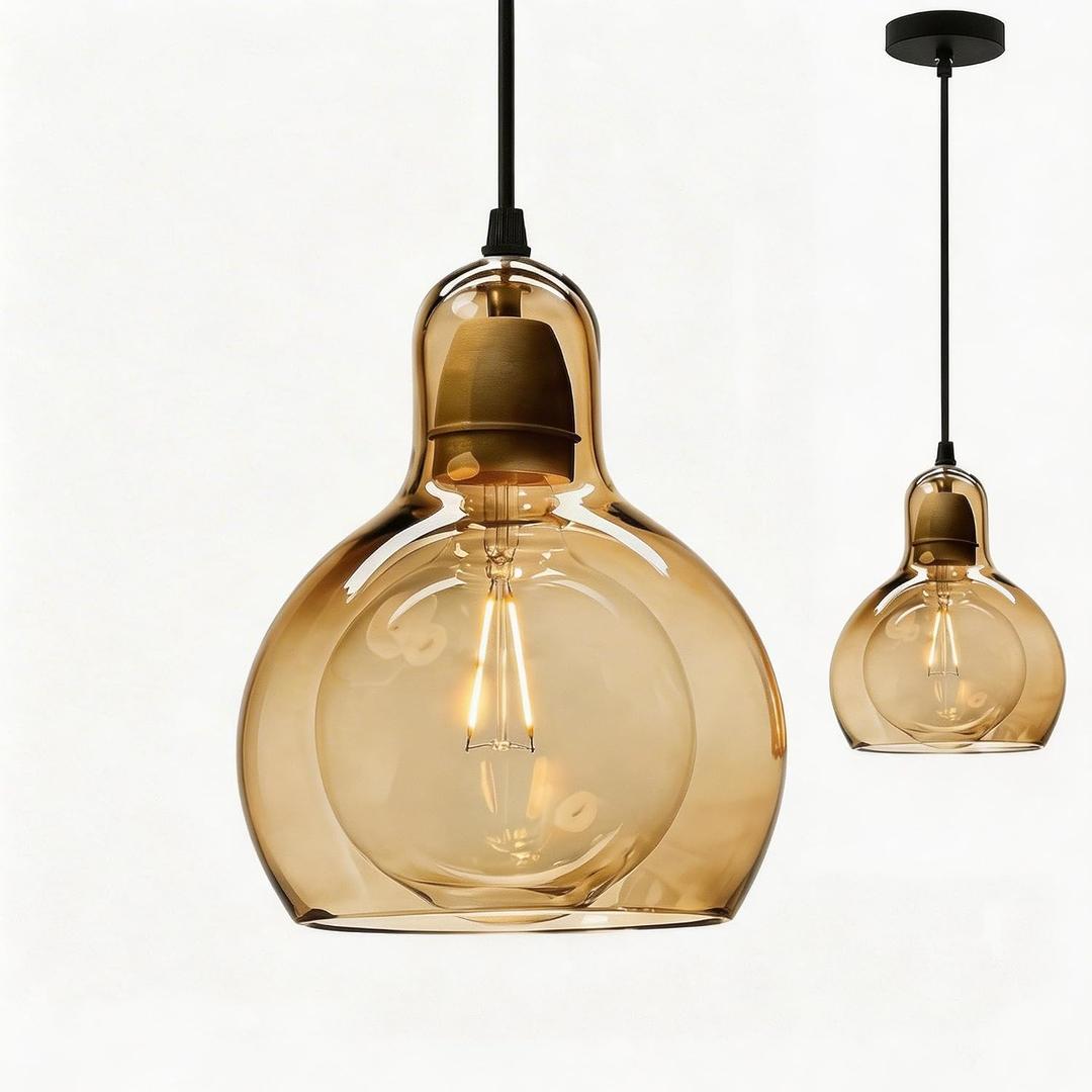 Glass Pendant Light with E26 Base, Adjustable Height, Modern Industrial Hanging Light for Dining Room, Kitchen, Living Room, Bedroom, Café, Amber, Clear, Smoke Gray 3 Color Options (Amber)