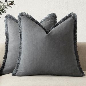Foindtower Set of 2 Decorative Linen Fringe Throw Pillow Covers Cozy Boho Farmhouse Cushion Cover with Tassels Soft Accent Pillowcase for Couch Chair Sofa Bed Living Room Home Decor,1818 Inch,Gray (Grey)