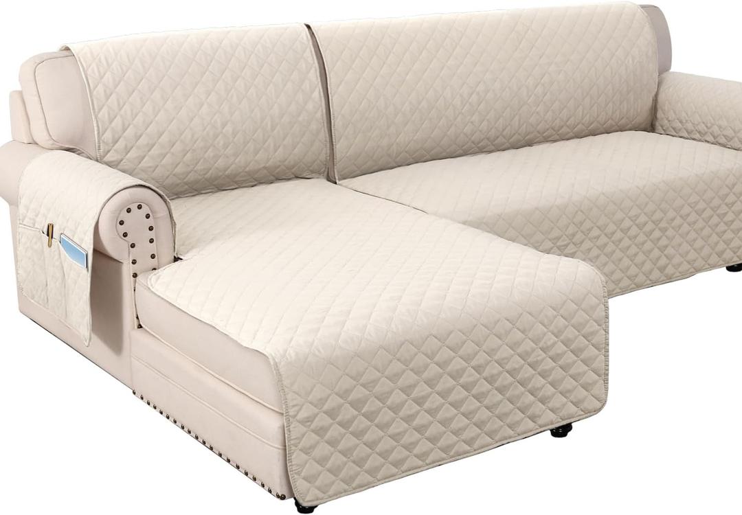 H.VERSAILTEX 100% Waterproof Couch Covers for Sectional Sofa 2-Piece Couch Covers Sectional Couch Cover L Shaped for Dogs Non Slip (Left Chaise Lounge Cover + 3 Seat Sofa Cover, Coconut Milk)
