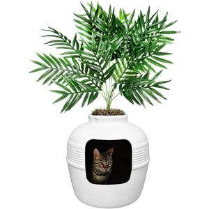 Good Pet Stuff Hidden Cat Litter Box Enclosure with Artificial Plant, Decorative Round Planter, Vented Carbon Charcoal Filter for Odor Control, Easy-to-Clean, Made in USA, Base Kit, White
