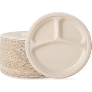 ECOLipak 125 Pack 3 Compartment Plates Disposable, 10 inch Heavy-Duty Compostable Paper Plates Made of Eco-Friendly Sugar Cane Fibers