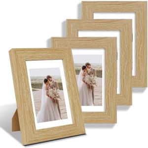4x6 Picture Frame Set of 4, Made of Real Glass and Natural Oak Wooden Frame, 4 by 6 Photo for Wall or Tabletop - Display Picture 3.5x5 with Mat or 4x6 Without Mat
