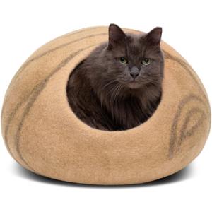 MEOWFIA Cat Cave Premium Felt Cat Bed for Indoor Cats, Handmade Merino Wool (Beige, Medium)