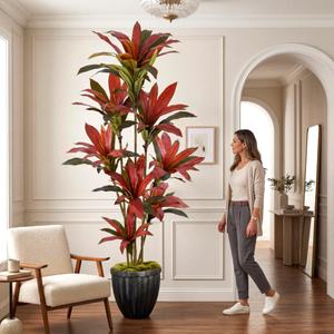 Giegxin 8ft Artificial Dracaena Tree Faux Dracaena Plant with Pot, Tall Fake Yucca Silk Tree with Realistic Trunks Leaves, Tropical Plant for Home Office Living Room Indoor Outdoor Decor(Green Red)