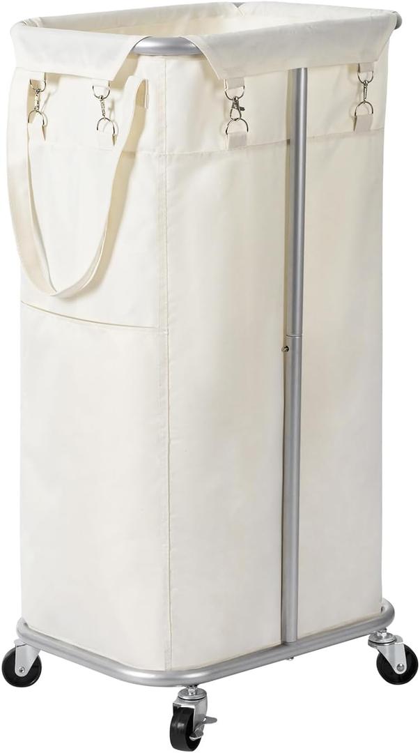 WOWLIVE 100L Rolling Laundry Hamper with Wheels Large Basket Organizer Laundry Cart with Steel Frame and Removable Bag Foldable Tall Dirty Clothes Hamper Dorm Room Storage for Bedroom (Light Beige)
