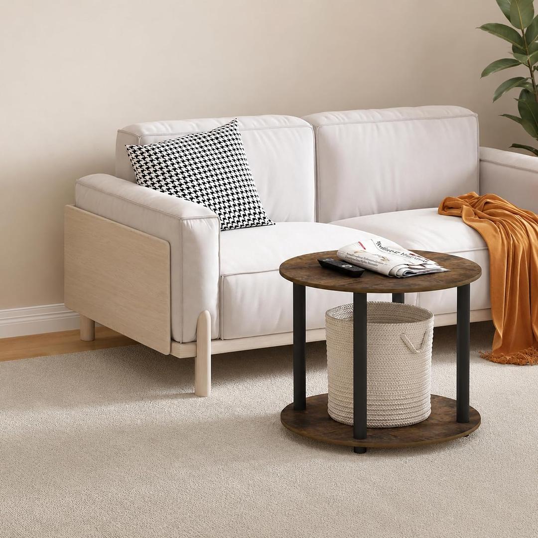 Furinno Turn-N-Tube Toolless Assembly Round Coffee Table, 2-Tier Rustic Oak Coffee Table with Open Shelf, Side Table, for Living Room, Bedroom, Home Office, Amber Oak, 23.54"D x 23.54"W x 19.84"H