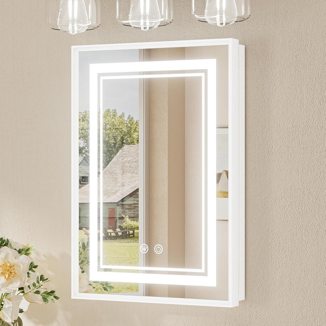 TokeShimi 16x24 White Led Medicine Cabinet Mirror for Bathroom Tempered, 3-Color Stepless Dimming Recessed Lighted Medicine Cabinet with Mirrored Defog, Mirror with Storage and Outlets