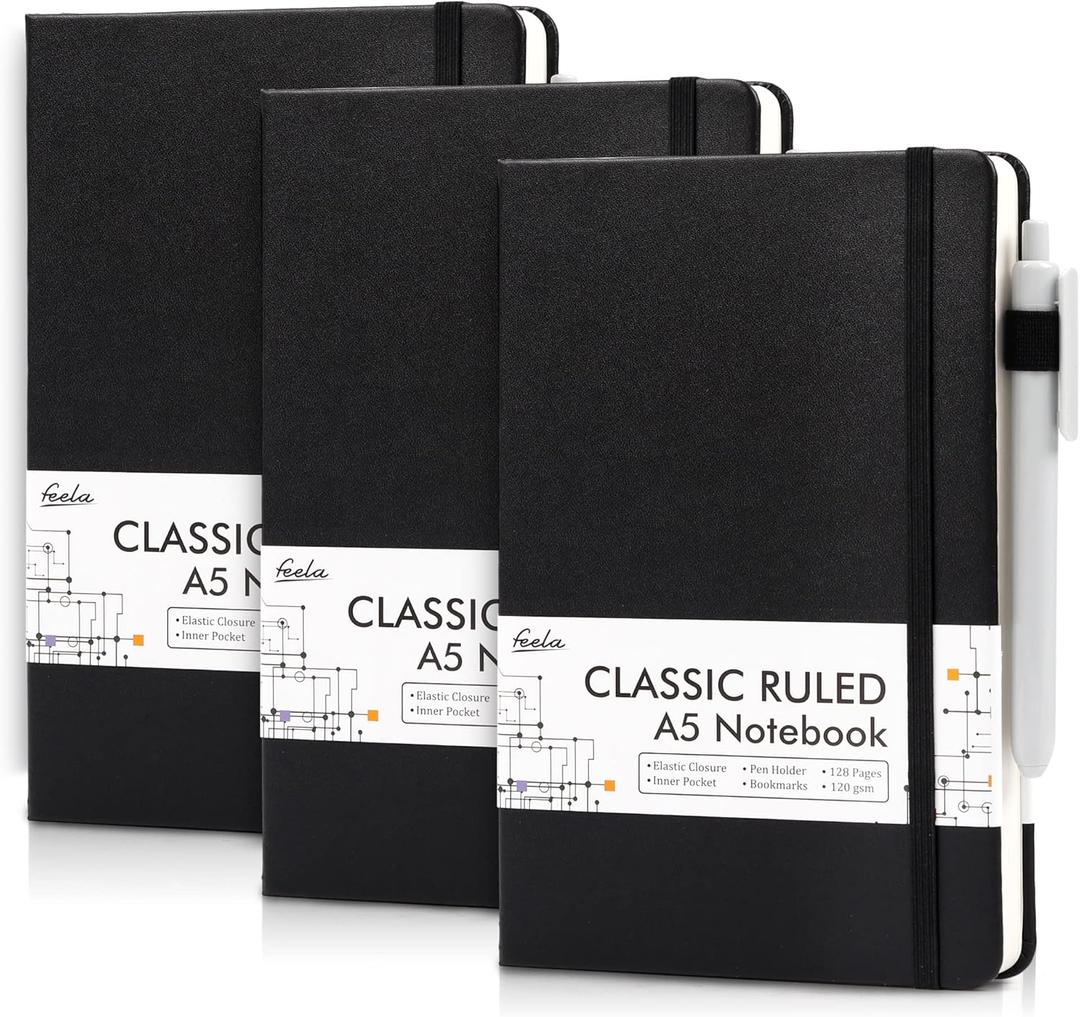 feela 3 Pack Notebooks Journals Bulk with 3 Black Pens, A5 Hardcover Notebook Classic Ruled Lined Journal Set with Pen Holder for Work Business Journaling Note Taking, 120 GSM, 5.1x8.3, Black