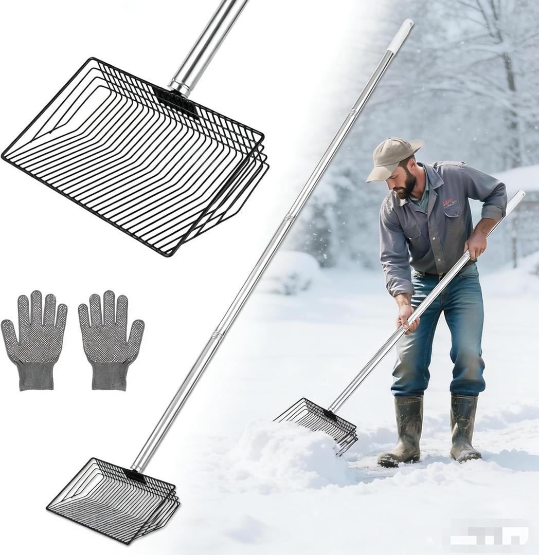 Multi-Purpose Snow Shovel for Driveway, 55-Inch Long Handle Lightweight Snow Removal Tool, Large Capacity Shovel for Sidewalk, Garage, Garden & Chicken Coop Cleaning (Poop & Bedding Scoop)
