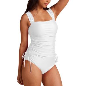Pink Queen Women's 2 Piece Tankini Bathing Suit Tummy Control High Waisted Bikini Bottom Ruched Drawstring Swimsuit (Medium, White)
