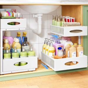 Under Sink Organizer, 2-Pack Pull Out Cabinet Organizer 2 Tier Metal Slide Out Storage Shelf Rack, L-Shaped Adjustable Height,Mesh Sliding Drawer for Kitchen, Bathroom, Laundry, Pantry, White, XL
