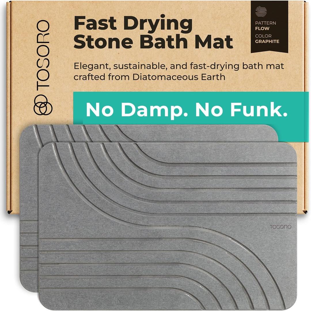 TOSORO - Stone Bath Mat Diatomaceous Earth Shower Mat Non-Slip Super Absorbent Diatomite Stone Bath Mats for Bathroom Floor Quick Drying Natural Easy to Clean (23.5 x 15) - Graphite, 2pcs