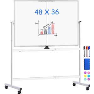 Maxtek Rolling Whiteboard 48 x 36 in Large Magnetic White Board on Wheels