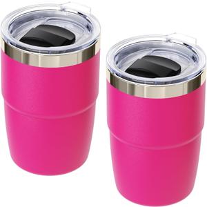8 oz Small Coffee Cup with Magnetic Lid, Ceramic-Lined 18/8 Stainless Steel, Double-Wall Vacuum Insulated, Stackable, Dishwasher Safe, Mini Tumbler for On-the-Go, 2 Pack, Hot Pink