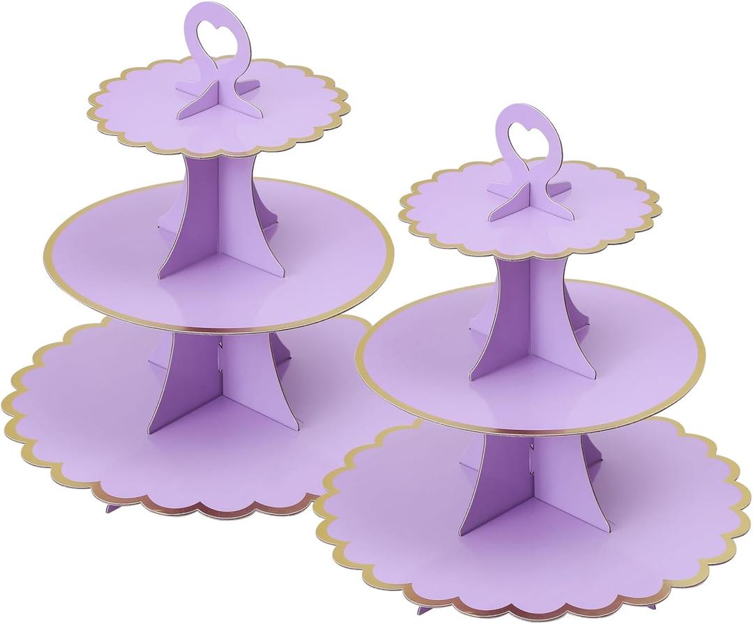 Soleebee 3-Tier Cupcake Stand, Cardboard Cupcake Tower, Cup Cake Stand Tower for Birthday Wedding Party Decoration, Cupcake Tier Stand Desserts Display 2 Set (Purple Gold)