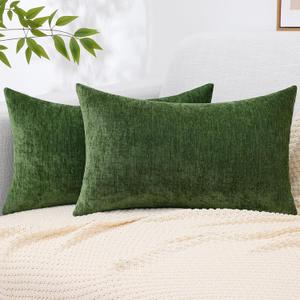decorUhome Chenille Moss Green Fall Throw Pillow Covers 12x20 Inch Set of 2, Decorative Soft Couch Pillow Covers Solid Dyed Accent Farmhouse Neutral Rectangle Pillow Cases for Sofa Bed Living Room