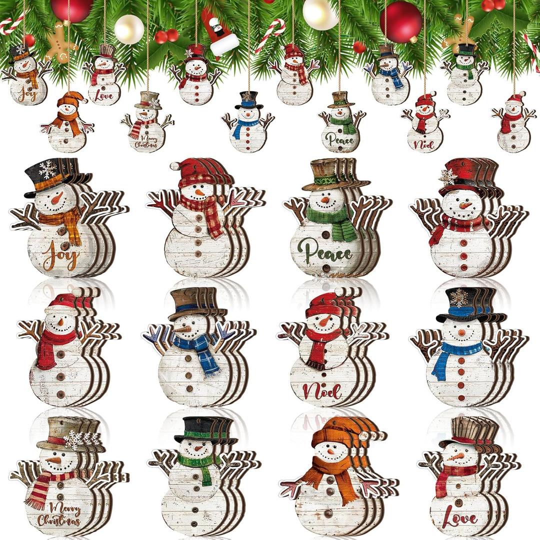 Huwena 36 Pcs Christmas Winter Snowman Ornaments for Tree Snowman Christmas Decorations Wooden Cutouts Wooden Tree Ornaments for Holiday Winter Xmas Party Supplies(Cute)